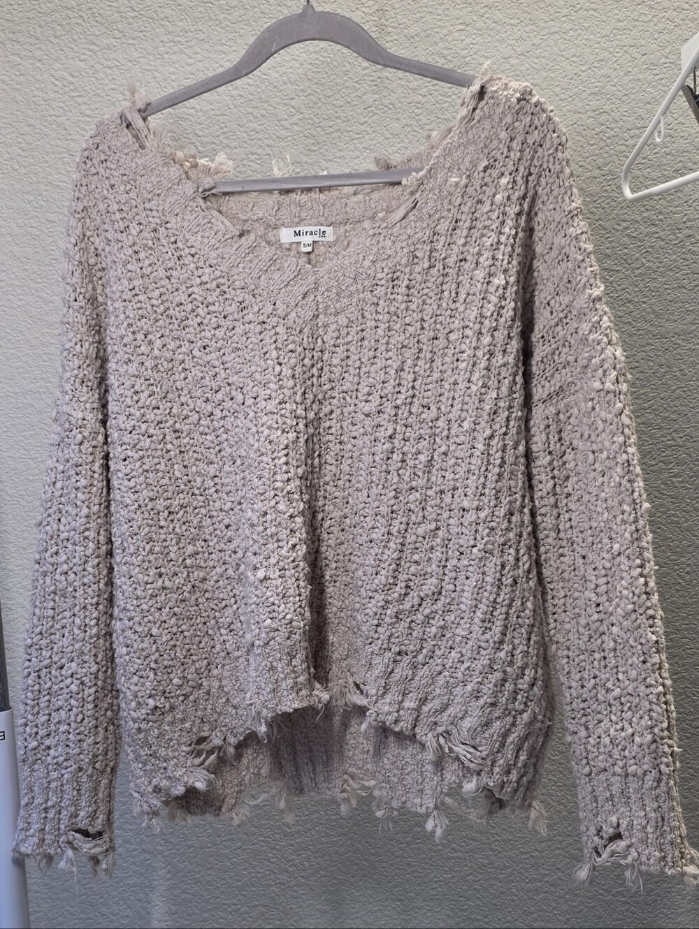 Miracle Distressed Oversized Knit V-Neck Sweater - Light Taupe